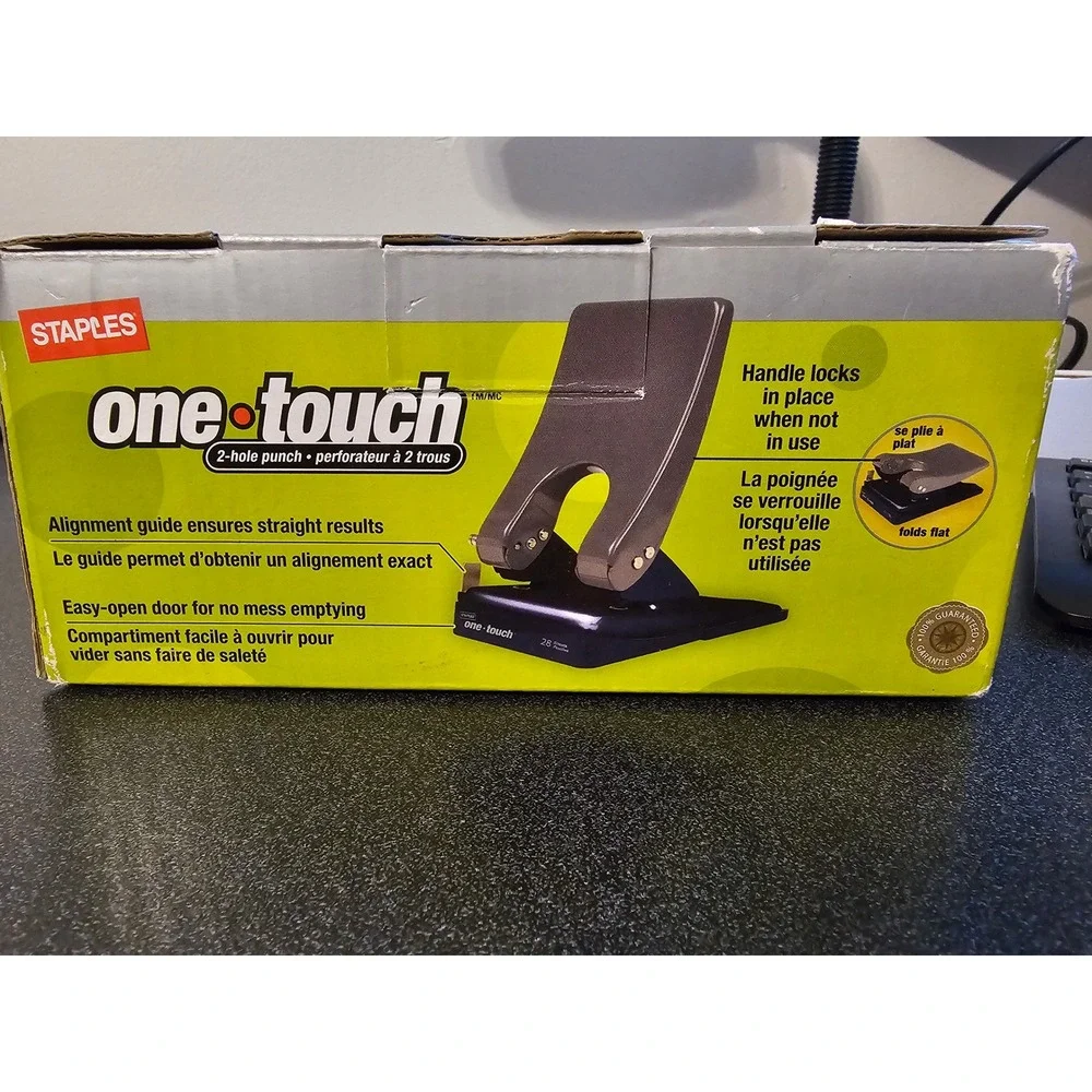 Staples One-Touch 2-Hole Punch 28 Sheet Capacity Black 753682 Folds Flat